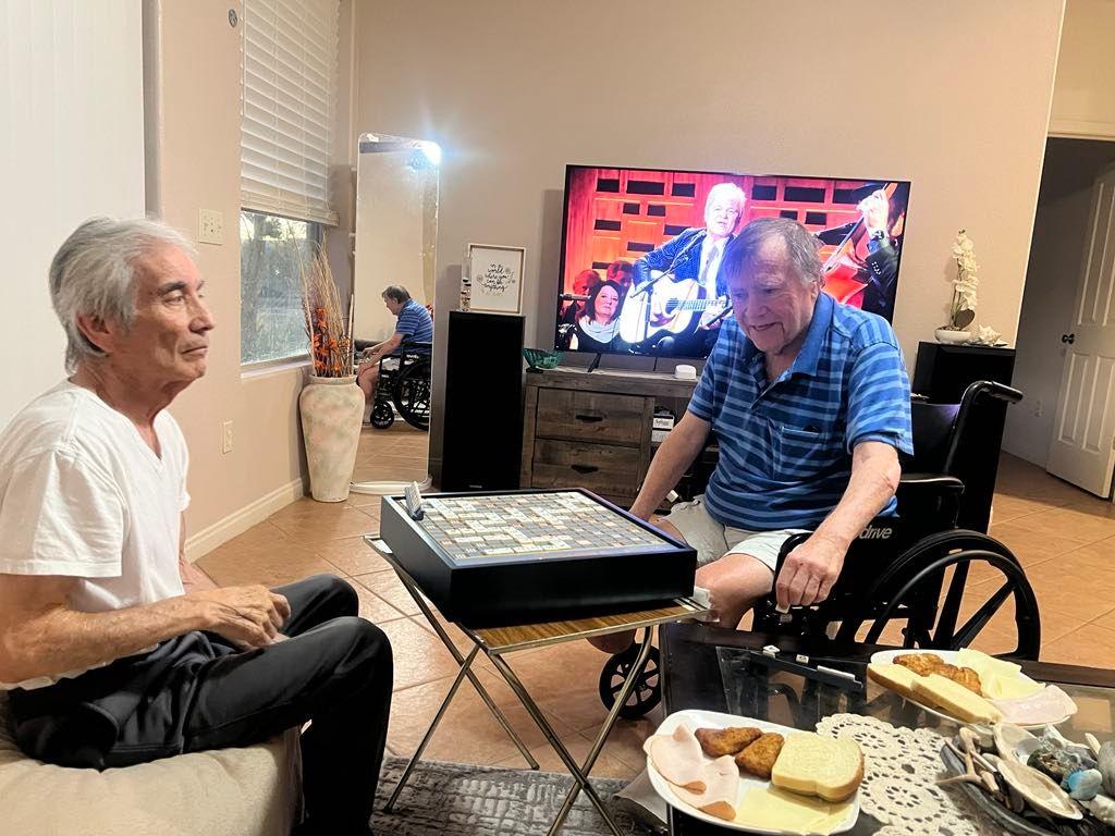 Two elderly men playing a board game in a living room with a TV showing a music performance.